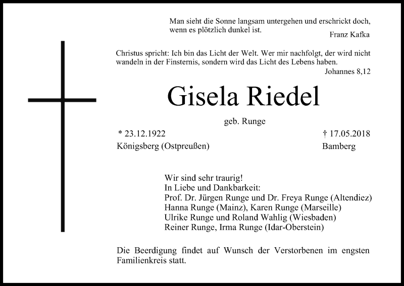  Traueranzeige für Gisela Riedel vom 19.05.2018 aus MGO