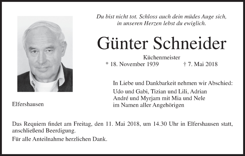  Traueranzeige für Günter Schneider vom 09.05.2018 aus MGO