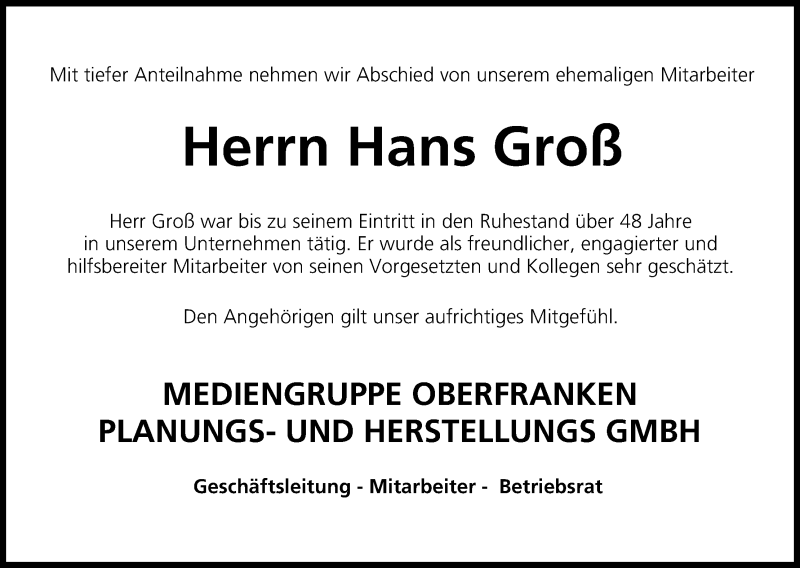  Traueranzeige für Hans Groß vom 07.05.2018 aus MGO