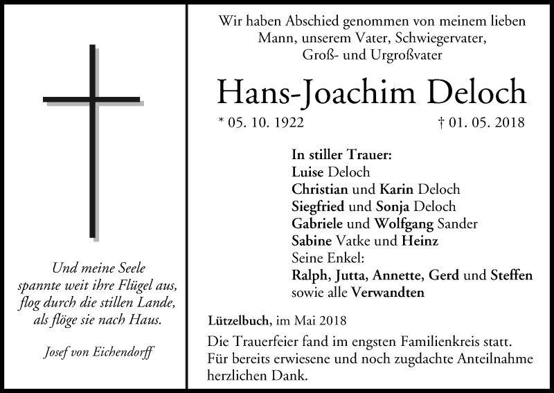  Traueranzeige für Hans-Joachim Deloch vom 09.05.2018 aus MGO