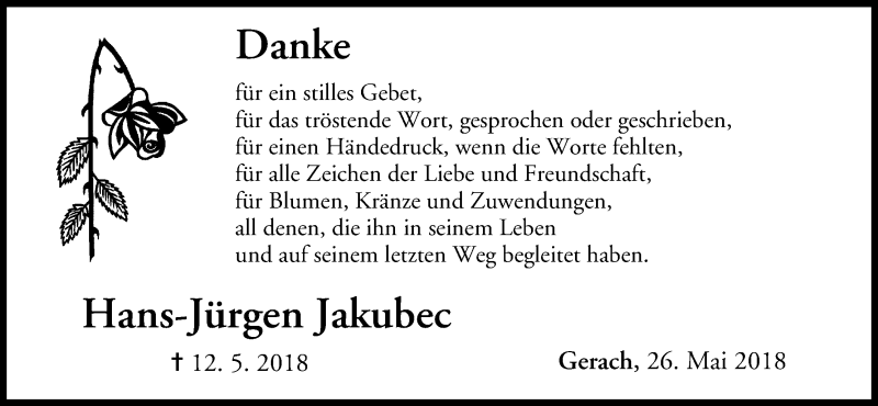  Traueranzeige für Hans-Jürgen Jakubec vom 26.05.2018 aus MGO