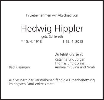 Anzeige von Hedwig Hippler von MGO