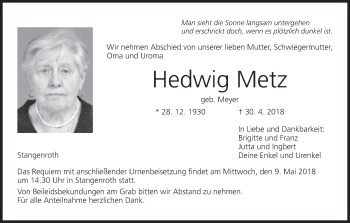 Anzeige von Hedwig Metz von MGO