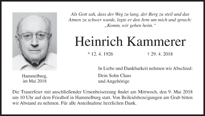  Traueranzeige für Heinrich Kammerer vom 05.05.2018 aus MGO