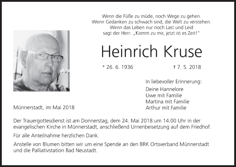  Traueranzeige für Heinrich Kruse vom 19.05.2018 aus MGO