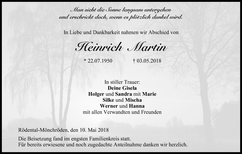  Traueranzeige für Heinrich Martin vom 10.05.2018 aus MGO