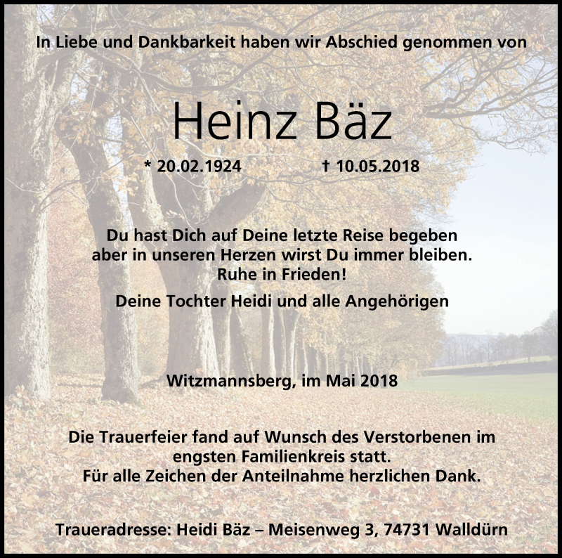  Traueranzeige für Heinz Bäz vom 19.05.2018 aus MGO