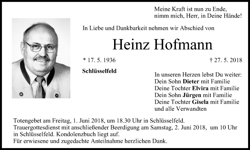  Traueranzeige für Heinz Hofmann vom 30.05.2018 aus MGO