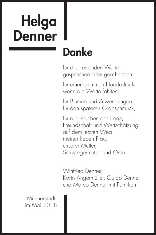  Traueranzeige für Helga Denner vom 05.05.2018 aus MGO