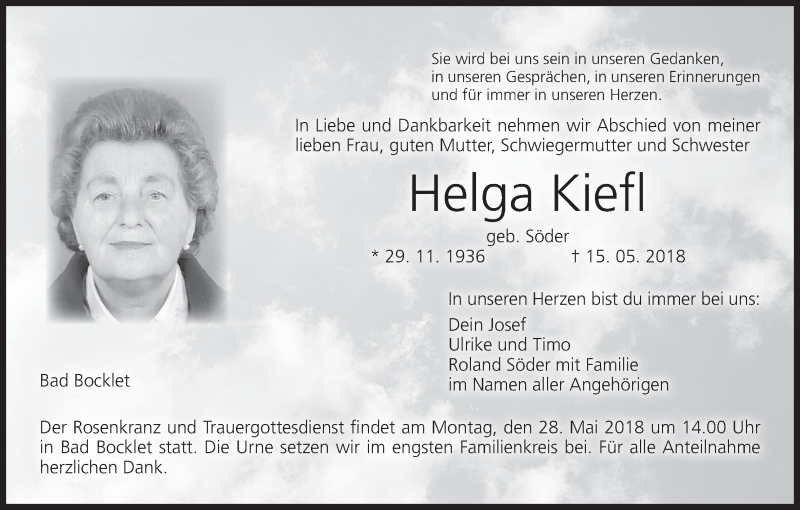  Traueranzeige für Helga Kiefl vom 23.05.2018 aus MGO