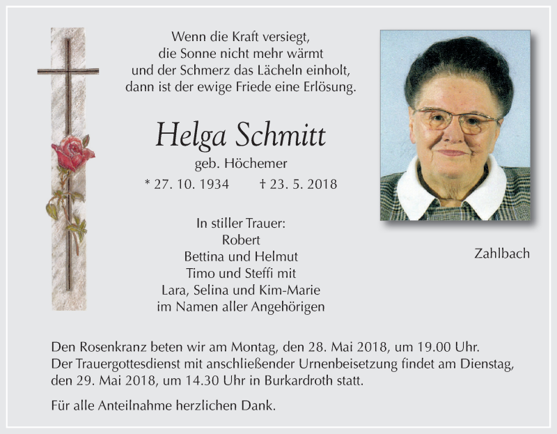  Traueranzeige für Helga Schmitt vom 26.05.2018 aus MGO