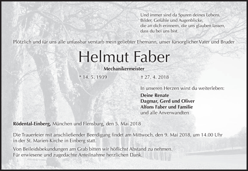  Traueranzeige für Helmut Faber vom 05.05.2018 aus MGO