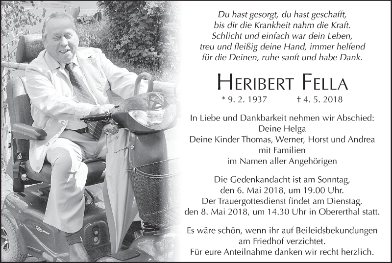  Traueranzeige für Heribert Fella vom 05.05.2018 aus MGO