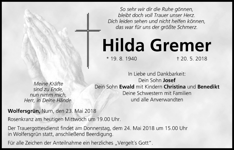  Traueranzeige für Hilda Gremer vom 23.05.2018 aus MGO