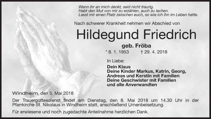  Traueranzeige für Hildegund Friedrich vom 05.05.2018 aus MGO