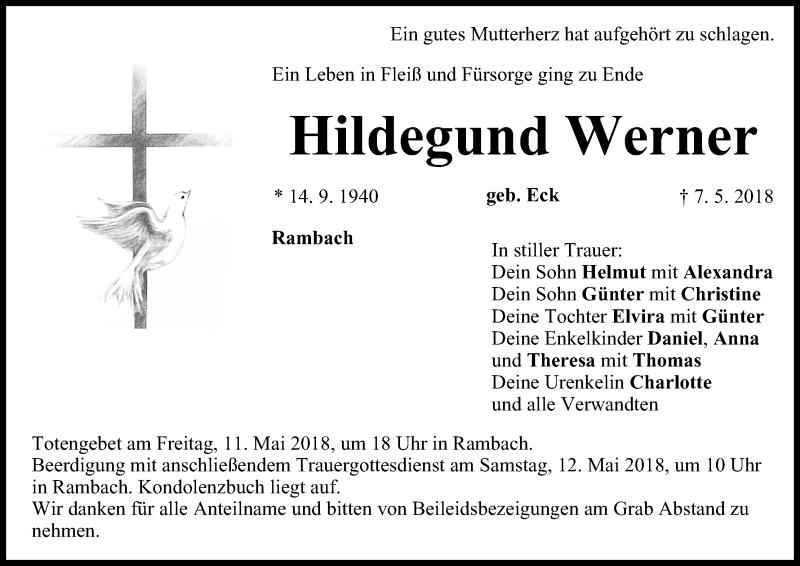 Traueranzeige für Hildegund Werner vom 09.05.2018 aus MGO