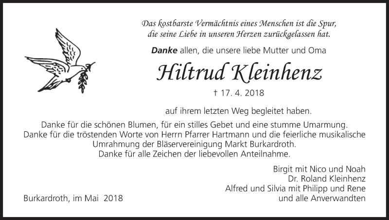  Traueranzeige für Hiltrud Kleinhenz vom 12.05.2018 aus MGO