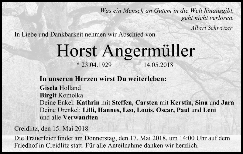  Traueranzeige für Horst Angermüller vom 15.05.2018 aus MGO