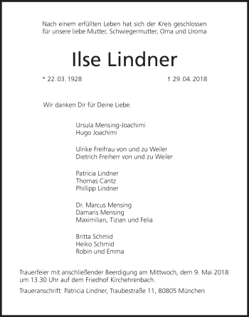 Anzeige von Ilse Lindner von MGO