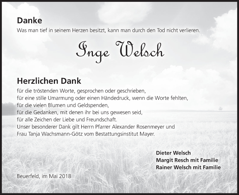  Traueranzeige für Inge Welsch vom 26.05.2018 aus MGO