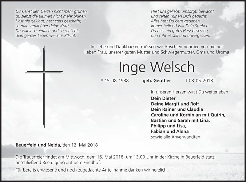  Traueranzeige für Inge Welsch vom 12.05.2018 aus MGO