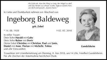 Anzeige von Ingeborg Baldeweg von MGO
