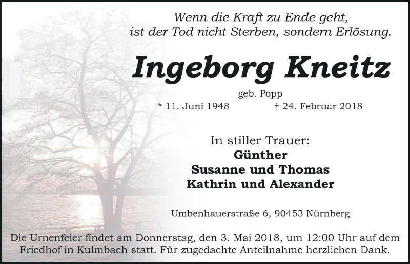  Traueranzeige für Ingeborg Kneitz vom 01.05.2018 aus MGO