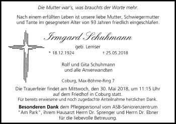 Anzeige von Irmgard Schuhmann von MGO