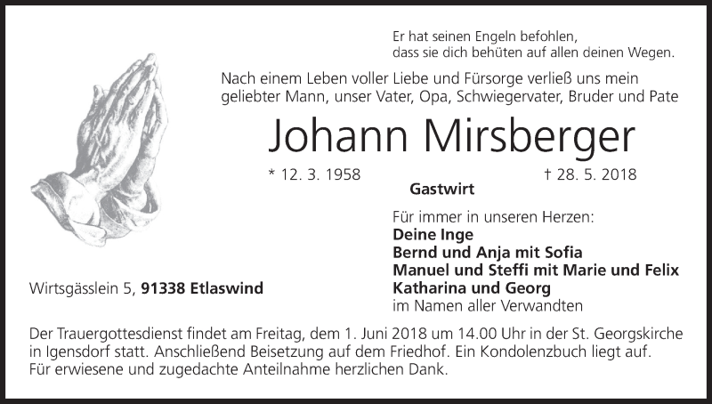  Traueranzeige für Johann Mirsberger vom 30.05.2018 aus MGO
