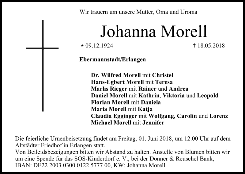  Traueranzeige für Johanna Morell vom 30.05.2018 aus MGO