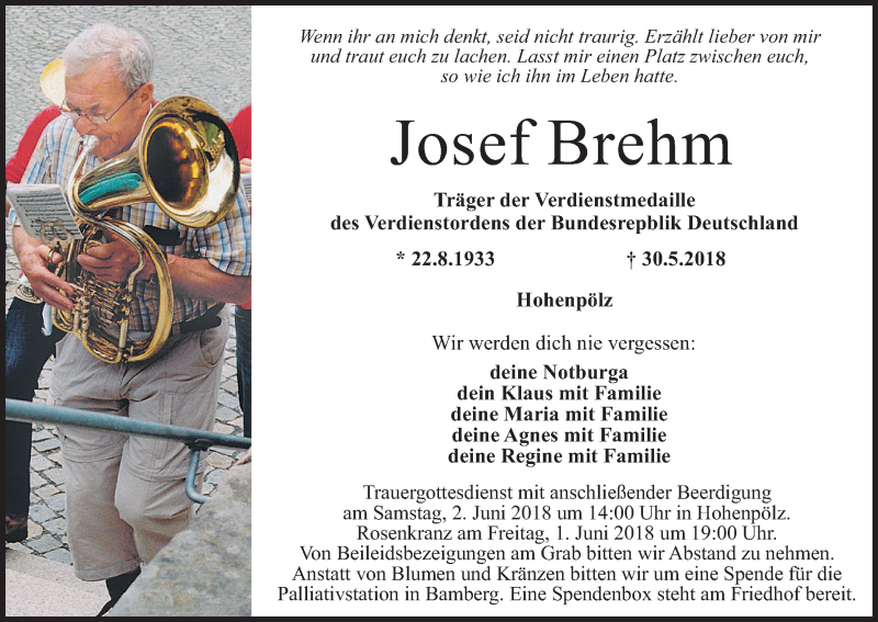  Traueranzeige für Josef Brehm vom 31.05.2018 aus MGO