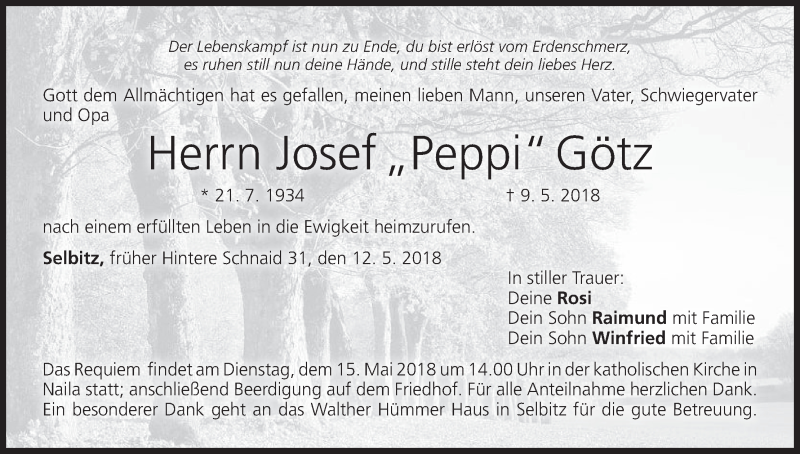  Traueranzeige für Josef Götz vom 12.05.2018 aus MGO