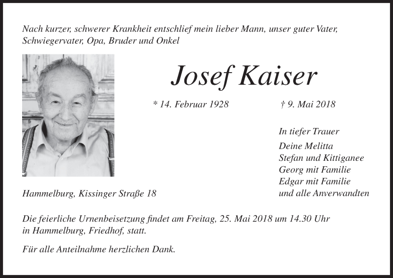  Traueranzeige für Josef Kaiser vom 22.05.2018 aus MGO