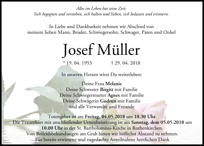 Traueranzeige für Josef Müller vom 03.05.2018 aus MGO
