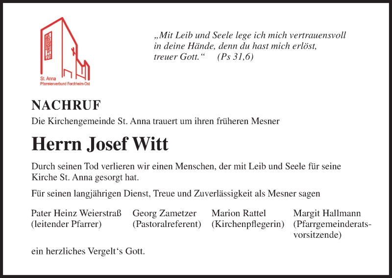  Traueranzeige für Josef Witt vom 05.05.2018 aus MGO