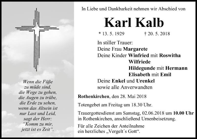  Traueranzeige für Karl Kalb vom 28.05.2018 aus MGO
