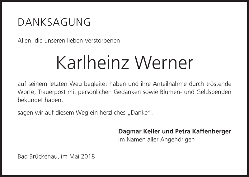  Traueranzeige für Karlheinz Werner vom 05.05.2018 aus MGO