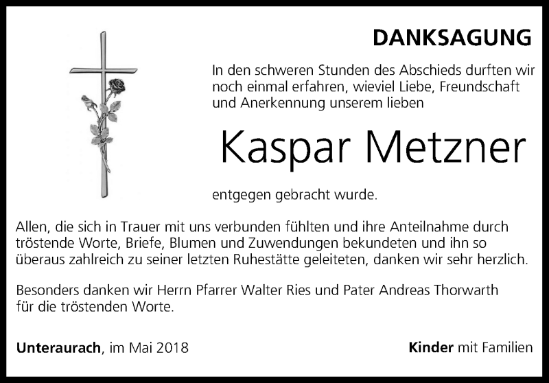  Traueranzeige für Kaspar Metzner vom 19.05.2018 aus MGO