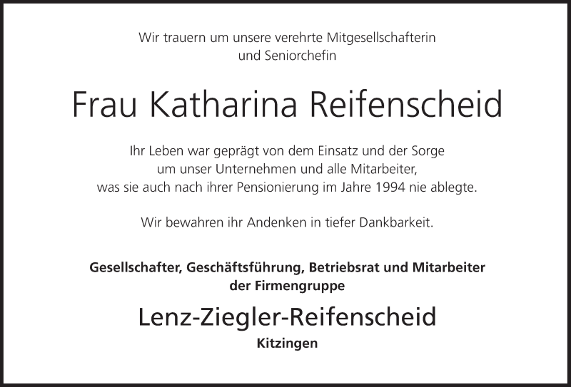  Traueranzeige für Katharina Reifenscheid vom 02.05.2018 aus MGO