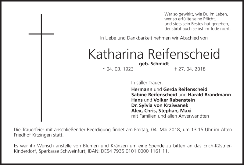  Traueranzeige für Katharina Reifenscheid vom 02.05.2018 aus MGO