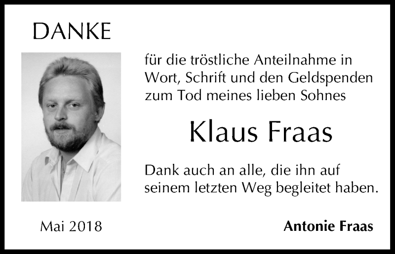  Traueranzeige für Klaus Fraas vom 05.05.2018 aus MGO