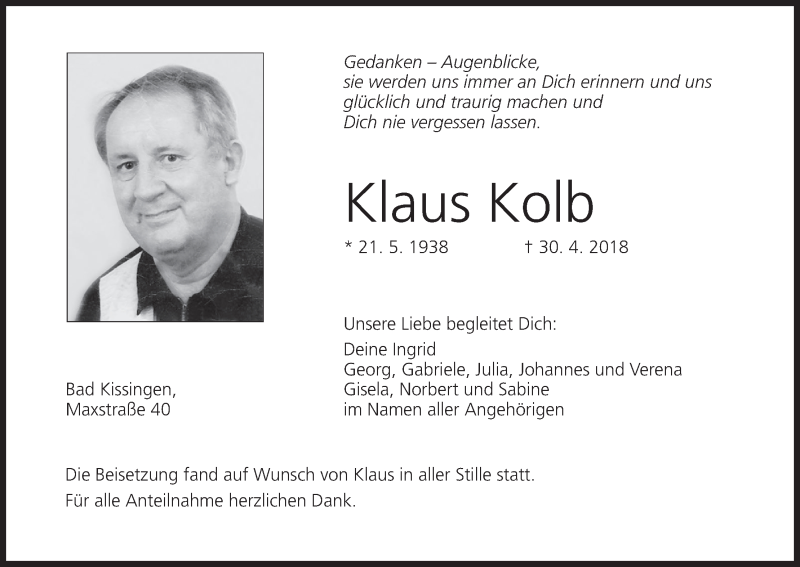  Traueranzeige für Klaus Kolb vom 08.05.2018 aus MGO