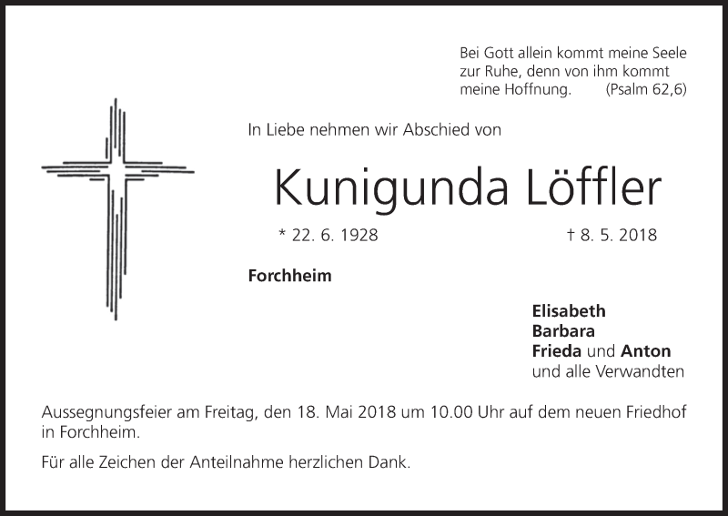  Traueranzeige für Kunigunda Löffler vom 16.05.2018 aus MGO
