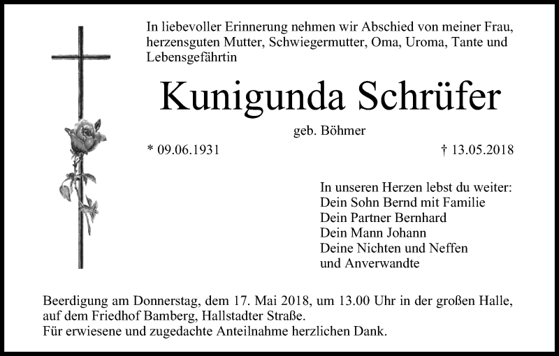  Traueranzeige für Kunigunda Schrüfer vom 16.05.2018 aus MGO