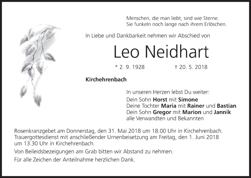  Traueranzeige für Leo Neidhart vom 26.05.2018 aus MGO
