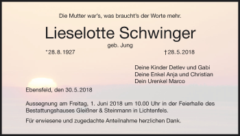Anzeige von Lieselotte Schwinger von MGO