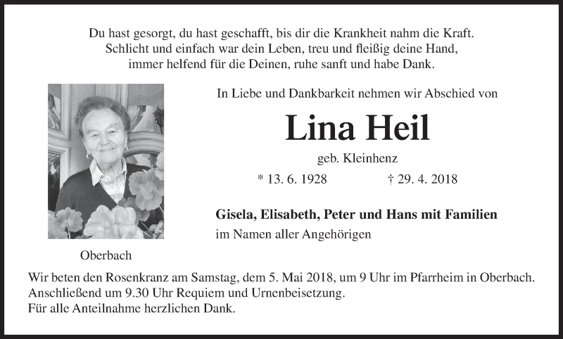  Traueranzeige für Lina Heil vom 03.05.2018 aus MGO