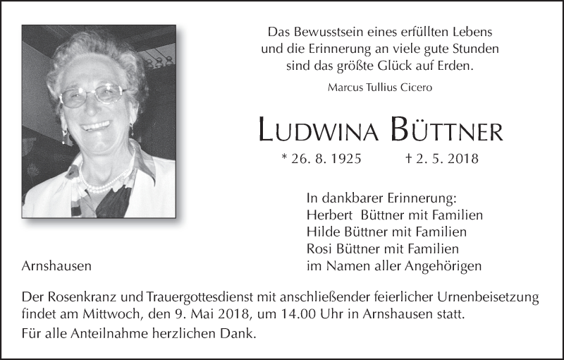  Traueranzeige für Ludwina Büttner vom 05.05.2018 aus MGO