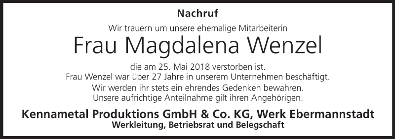  Traueranzeige für Magdalena Wenzel vom 29.05.2018 aus MGO