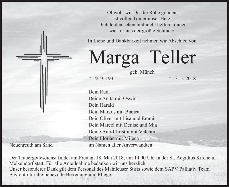  Traueranzeige für Marga Teller vom 16.05.2018 aus MGO